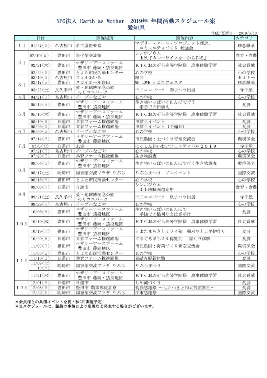 2019年 年間予定